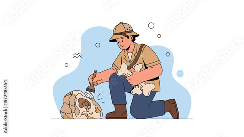 Educational cartoon illustration of an archaeologist carefully excavating a fossilized skull with a brush, symbolizing scientific discovery.
