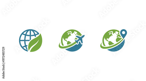 Global Travel and Eco-Friendly Icons: Earth, Airplane, Leaf, Location Pin