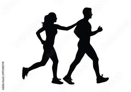 Silhouette of a woman touching a man's shoulder while running, symbolizing teamwork, support, or a relay race.