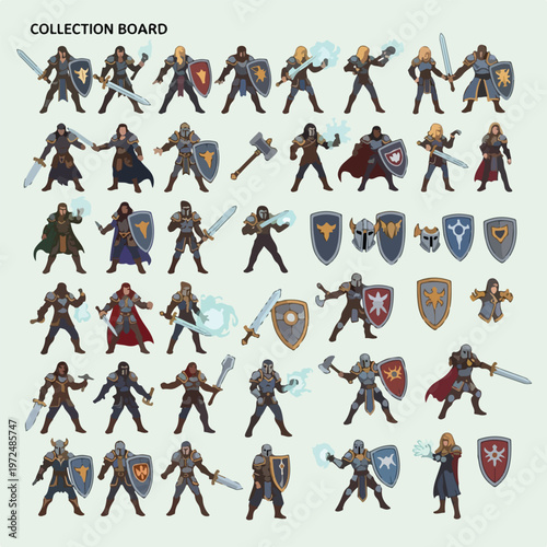 Collection of Fantasy Warrior Characters and Medieval Equipment Icons.