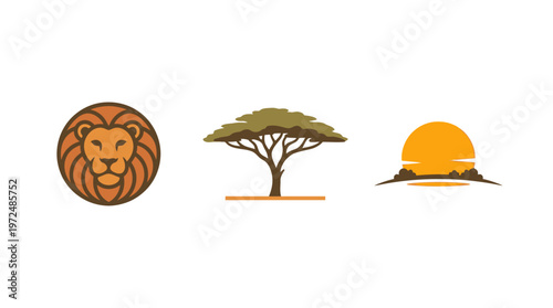 Foto African Safari Icons: Lion Head, Acacia Tree, Setting Sun on White Background
