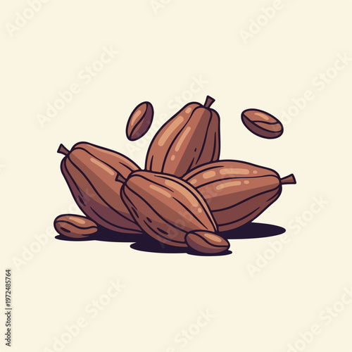 Illustration of a pile of raw cocoa pods and beans.