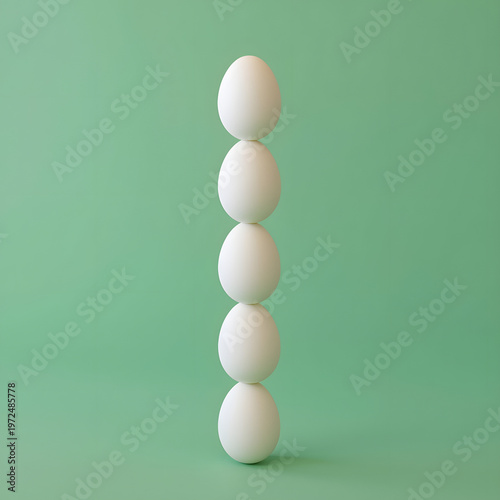 An impressive stack of five white eggs balanced vertically.
