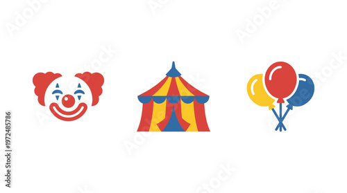 Circus Icons: Clown Face, Big Top Tent, and Balloons