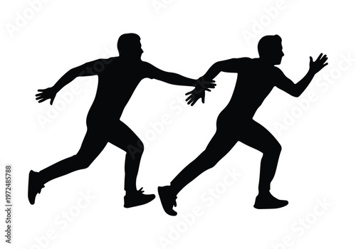 Silhouette of two male runners passing a baton, representing a relay race, teamwork, and athletic competition.