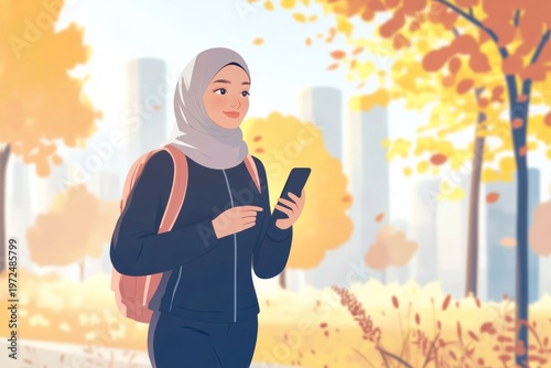 Young hijabi woman enjoying autumn stroll while using smartphone