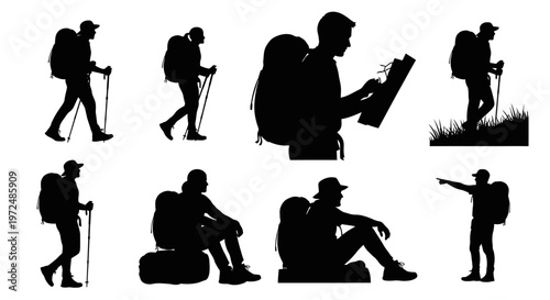 Silhouette collection of hikers with backpacks and walking sticks.