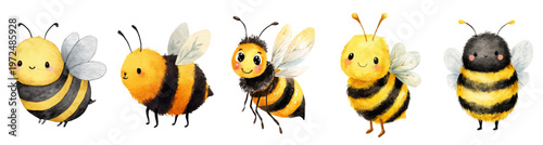 Sweet honeybee collection in playful cartoon style. Charming insect characters with floral elements, hearts, and hives. Ideal for baby products, greeting cards, and graphic projects.
