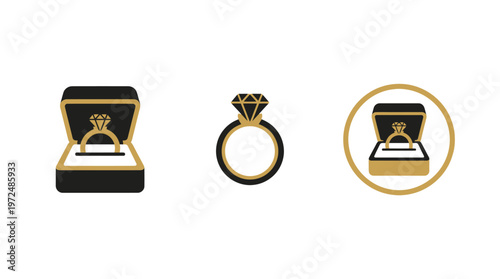 Diamond Ring Icons: Open Box, Solitaire Ring, Ring in Box