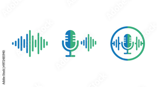 Audio Waveform and Microphone Icons Set - Sound Recording and Broadcasting