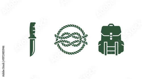 Survival Gear Icons: Knife, Rope Knot, Backpack - Outdoor Adventure Symbols