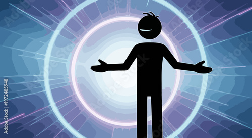 Silhouette figure with arms outstretched in front of glowing energy circles.