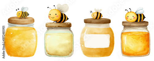Foto Adorable watercolor bee illustration with honey jar and flowers