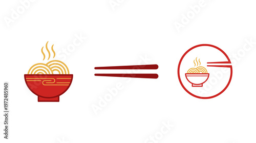 Asian Noodle Bowl with Chopsticks and Circular Icon - Vector Illustration
