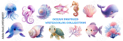 Cute marine animal collection with coral, fish, whale, seahorse, and shell. Underwater cartoon set featuring beach elements, sand castle, seaweed, and mermaid in vibrant colors.