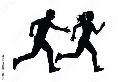 Silhouette of a man and woman running together, conveying partnership and shared goals.