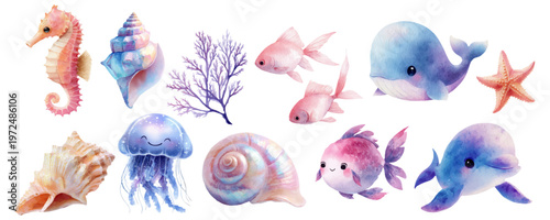 Photography Ocean watercolor set featuring marine animals, coral formations, beach elements