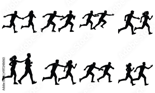 Collection of silhouettes showing men and women running, some in relay races and others holding hands.
