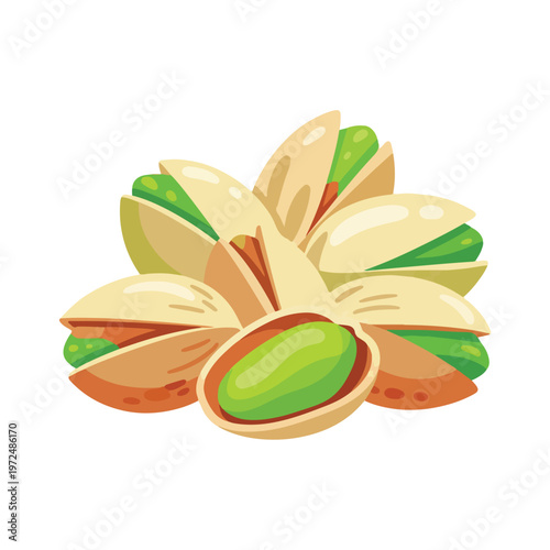 A colorful illustration of a pile of delicious pistachio nuts in shells.