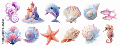 Watercolor sea creatures set with coral reefs, marine animals, pearls, and ocean life. Cute cartoon fish, seahorses, whales in sea-themed collection.