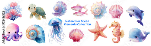 Watercolor sea creatures set with coral, starfish, and ocean animals. Cute marine life illustrations featuring seahorses, fish, and underwater sea elements in soft colors.