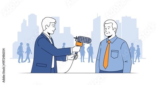 Journalist Interviewing Man on City Street News Report Concept