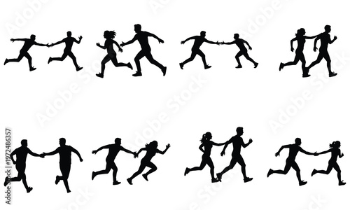 Collection of running silhouettes of men and women, depicting various stages of relay races.