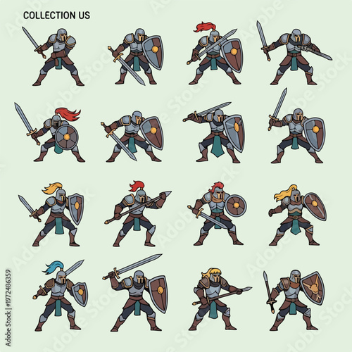 Collection of various medieval knights in battle armor with swords and shields.