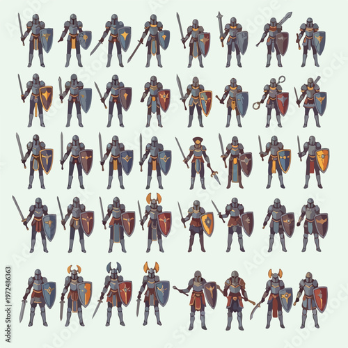 Collection of Medieval Knights in Full Armor with Swords and Shields.