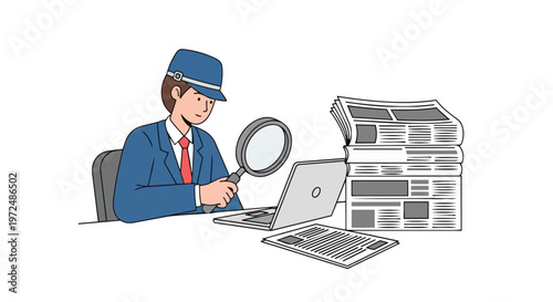 Journalist or detective investigating news with magnifying glass and laptop flat 2D concept