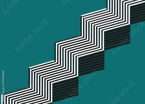 Black and white striped rectangular blocks form a diagonal staircase receding into the distance over a solid dark teal background.