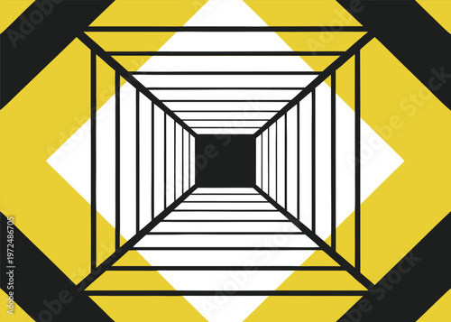 A linear perspective tunnel framed by concentric yellow white and black diamond shapes leads to a central black square.