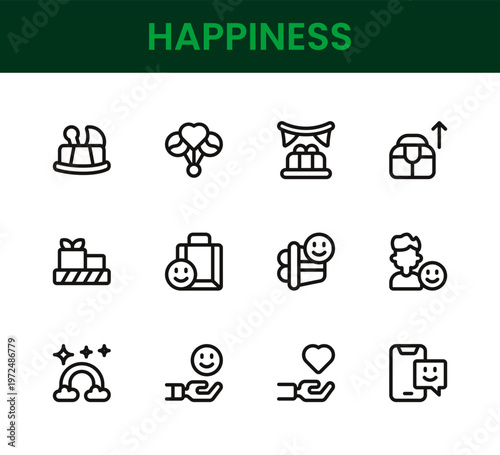 Happiness icon set. Happiness professional modern minimal unique line vector icon collection featuring joy symbols, positive emotion elements, smile icons, mental wellness
