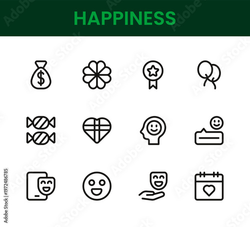 Happiness icon set. Happiness professional modern minimal unique line vector icon pack designed with cheerful symbols, positive emotion icons, smile elements, wellbeing