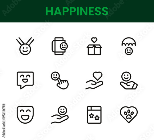 Happiness icon set. Happiness professional modern minimal unique line vector icon bundle showcasing joy icons, positive emotion symbols, smile elements, mental wellness
