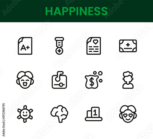Happiness icon set. Happiness professional modern minimal unique line vector icon collection including smile icons, joy symbols, positive emotion elements, wellbeing