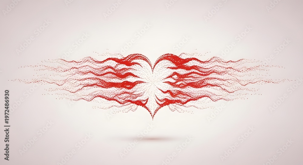 Fototapeta premium Red heart formed by wavy stippled particle wings on a light background. Freedom and spiritual love concept. Abstract pulse with flowing dots and energy waves in heart shape