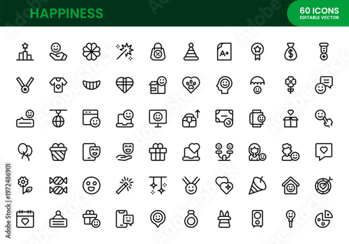 Happiness icon set. Happiness professional modern minimal unique line vector icon bundle showcasing cheerful icons, smile symbols, positive emotion elements, mental wellness