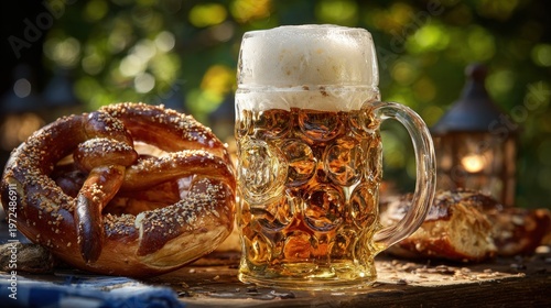 Close up of a full beer stein and a pretzel on a wooden table outdoors