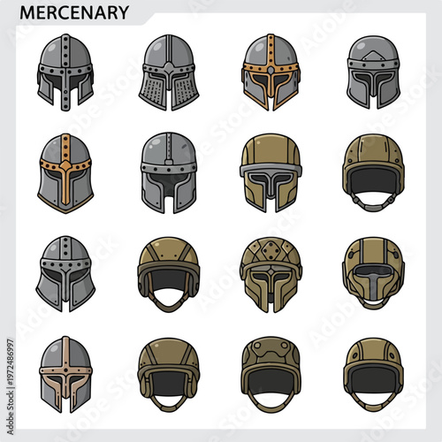 Collection of various mercenary combat helmet designs and military protective gear icons.