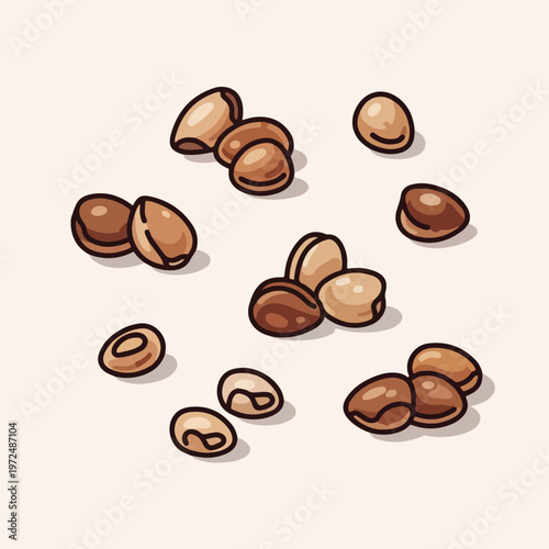 Coffee beans in various shades brown.