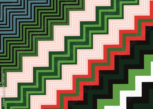 A rhythmic pattern of multi-colored zigzag lines in red green and pink creates a dense diagonal chevron texture across the entire frame.