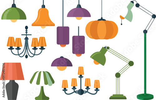 Lighting fixtures collection with pendant lamps chandeliers table lamps and floor lamps modern home interior vector illustration set