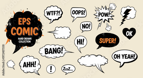 Comic book speech bubbles and sound effects collection vector illustration