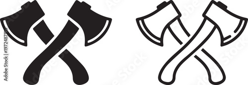 Crossed Axes Icon Set – Lumberjack Tools Symbol, Wood Cutting Equipment Vector Illustration. Solid and Outline.