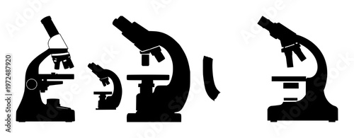 Laboratory microscope set with solid black icon on white background featuring microscope, optics, research with biomedical and science