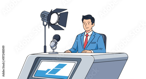 Male News Anchor Reporting Live Broadcast Journalism Concept Flat 2D