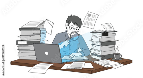 Journalist Researching Documents with Magnifying Glass Flat 2D Concept