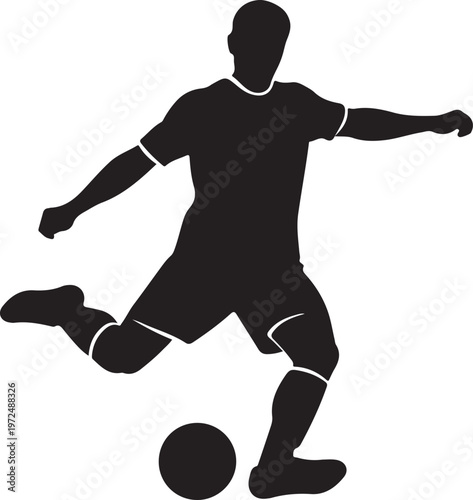 Dynamic soccer player kicking a ball with athletic motion in silhouette style silhouette vector icon