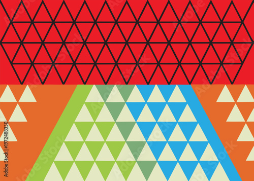 A black geometric mesh covers a red upper section while the lower section features small triangles in cream, lime, and blue on an orange field.